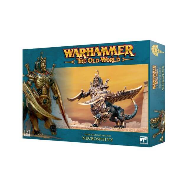 Product image for Warhammer The Old World Tomb Kings of Khemri Necrosphinx miniature kit, showing the box art with illustrations of the Necrosphinx and a Tomb King.