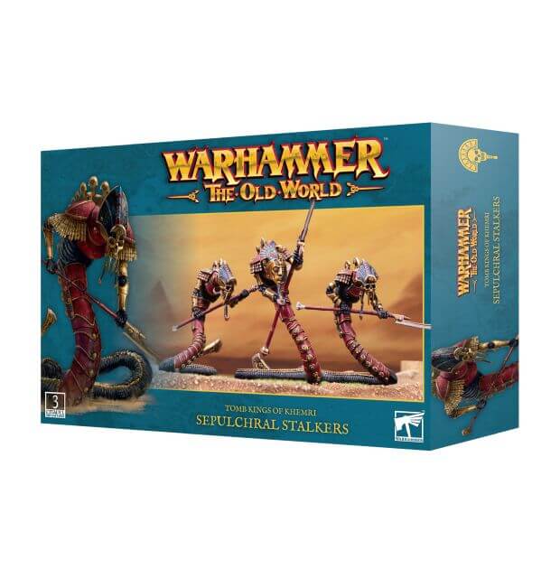 Product image for Warhammer The Old World Tomb Kings of Khemri Sepulchral Stalkers miniatures kit, showing the box art with depicted snake-like constructs on the front.
