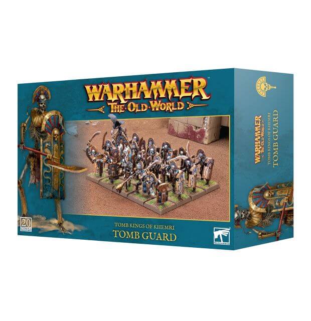 Packaging for Warhammer The Old World Tombguard, pictured in formation. 