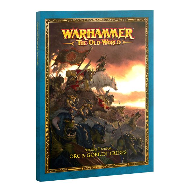 Cover of the Warhammer: The Old World Arcane Journal: Orc and Goblin Tribes supplement book featuring artwork with orcs and goblins in a fantasy landscape.
