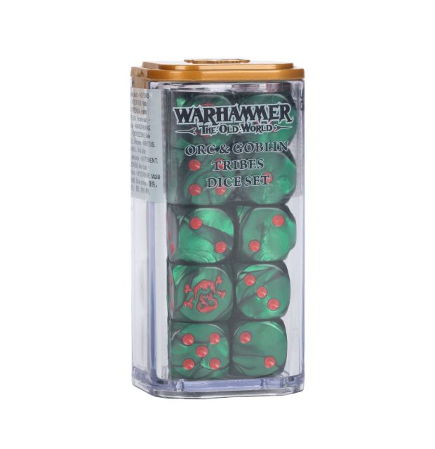 A set of dice themed with Orc and Goblin Tribes, cast in pearlescent green with blood red ink markings, displayed in a clear container.