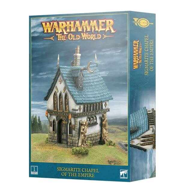 Product packaging for Warhammer The Old World Sigmarite Chapel of the Empire miniature, featuring the assembled chapel with detailed architecture and a blue tiled roof.