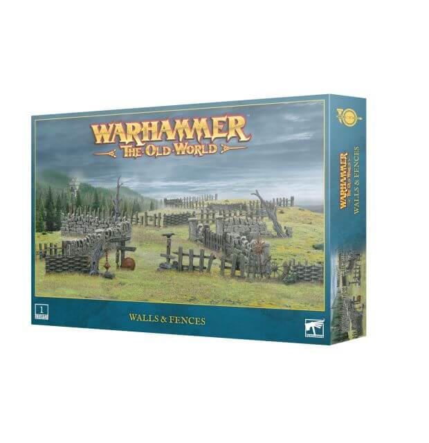 Boxed Warhammer The Old World terrain kit featuring walls and fences, with multiple components visible on the cover.
