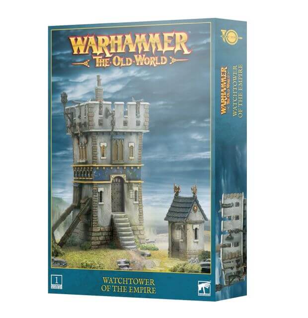 Product packaging for 'Warhammer: The Old World Watchtower of the Empire', depicting a detailed model kit of a multi-tiered stone watchtower with a smaller building beside it.