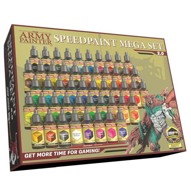 A box of Army Painter Speedpaint Mega Set 2.0 containing various colors of paint bottles and mixing balls, marketed for painting tabletop miniatures.