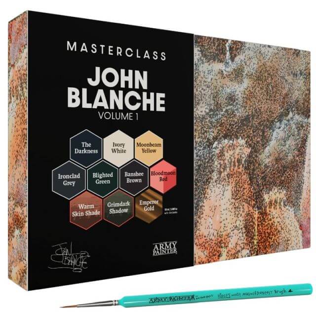 A product image featuring the 'MASTERCLASS JOHN BLANCHE VOLUME 1' paint set by The Army Painter, with 10 paint bottles including different colors such as gray, brown, yellow, and blue, alongside a paintbrush and exclusive artwork by John Blanche.