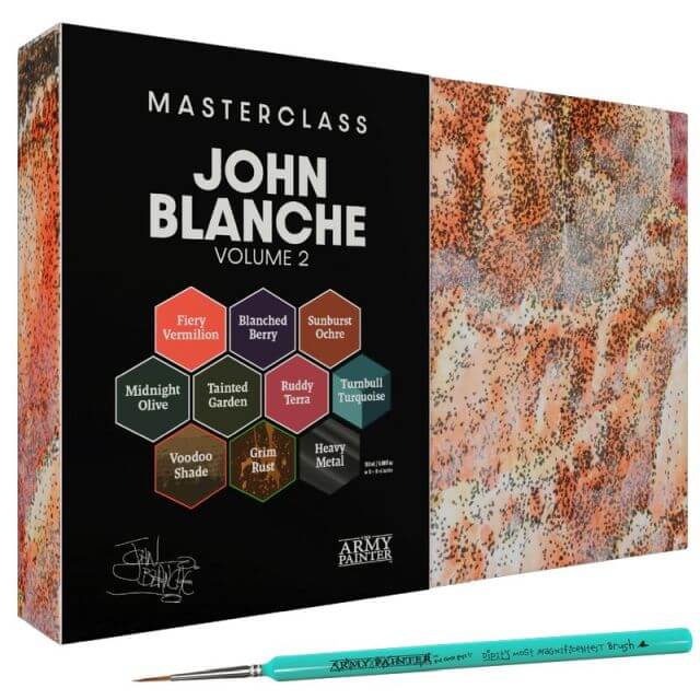 A product image featuring the packaging of 'Masterclass John Blanche Volume 2' which includes 10 paint bottles with different colors, a paintbrush, and a John Blanche Art Print.