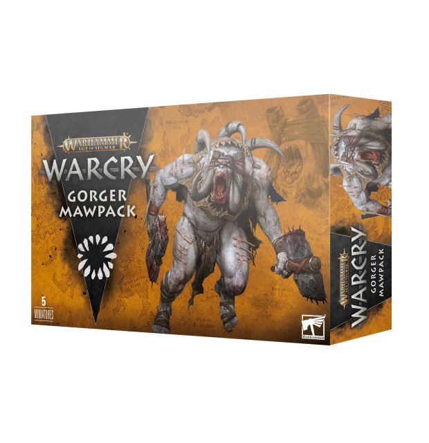 Packaging for the Warcry miniature Gorger Mawpack showing an axe wielding monstrosity.