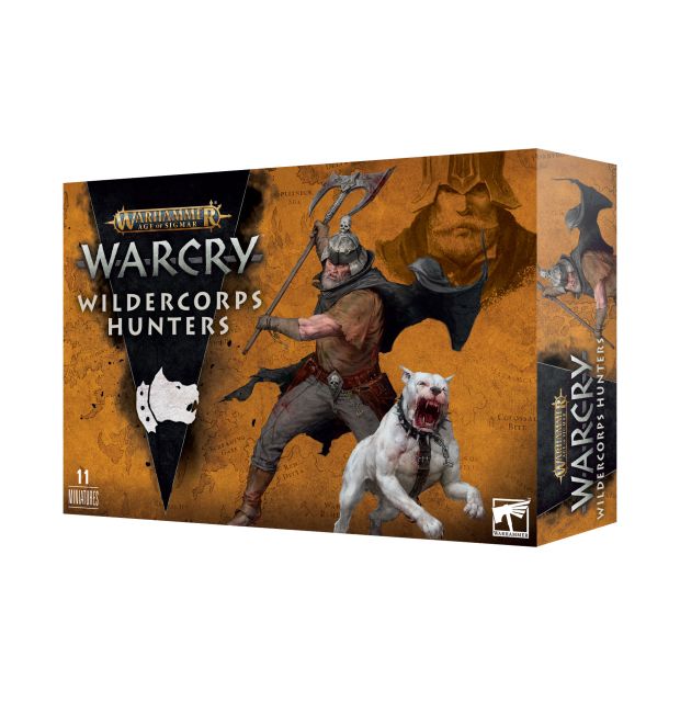 Packaging for WarCry: Wildercorps Hunters miniature game. The box features an image of a Wildercorps Warden with a double-bitted axe, an Arbalester, a Trailblazer, and a white dog.