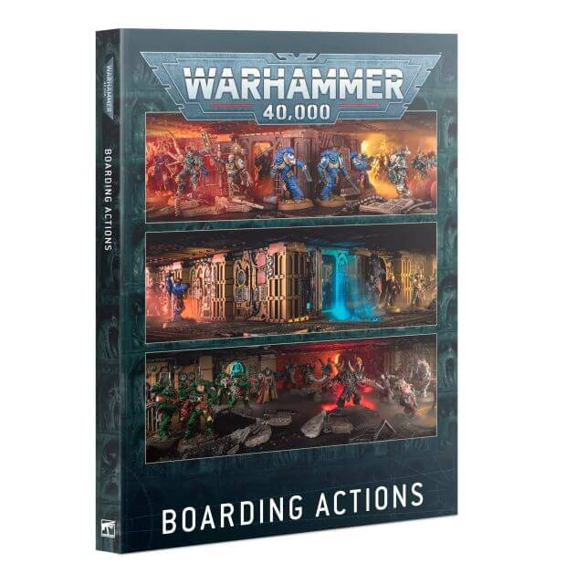 Cover of the 'Warhammer 40K Boarding Actions' supplement, featuring illustrations of battle scenes and characters from the Warhammer 40,000 series.