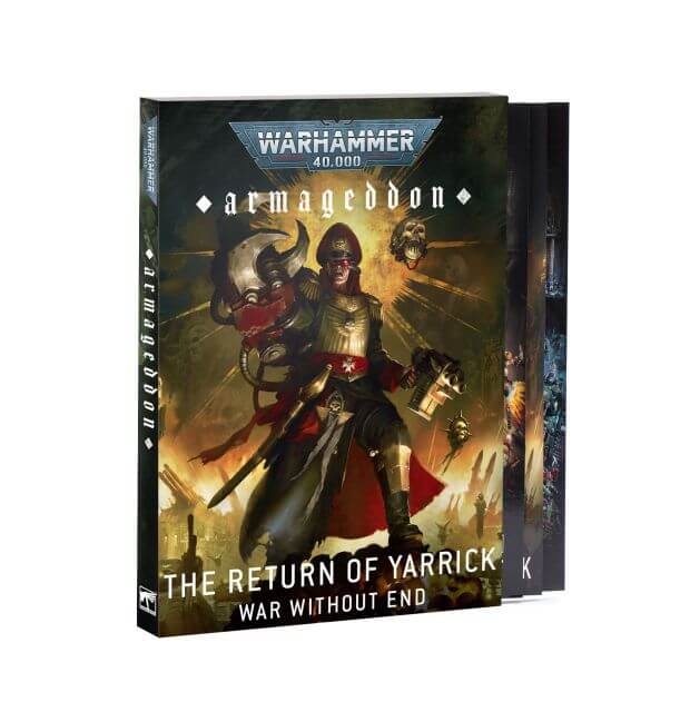 Warhammer 40,000 Armageddon game box with warrior illustration on a white background