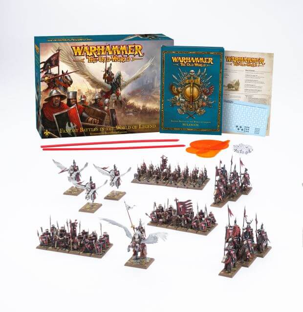 A collection of plastic Citadel miniatures representing the Kingdom of Bretonnia for the Warhammer fantasy series, including variousBretonnian knights and soldiers, along with gaming accessories like dice and measuring sticks.