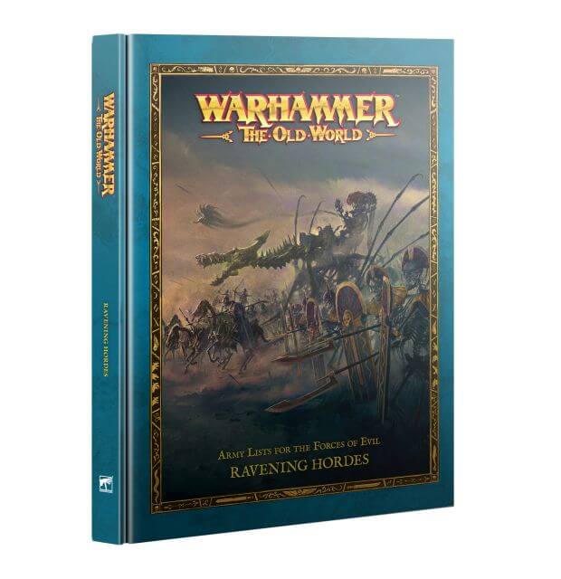 Cover art for 'Warhammer: The Old World - Ravening Hordes' showing a chaotic battle scene with various fantasy creatures.