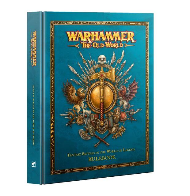 Cover of 'Warhammer: The Old World Rulebook' featuring a illustrated emblem with fantasy battle elements on a blue background.