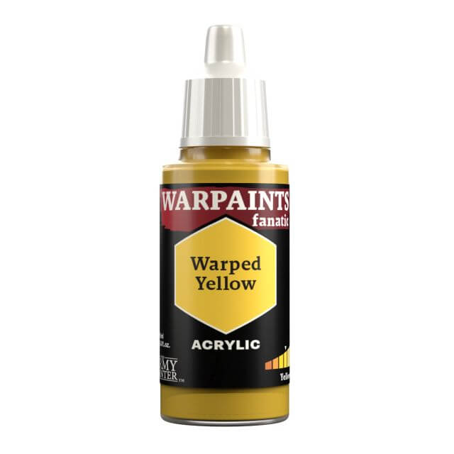 A bottle of Warpaints Fanatic Warped Yellow acrylic paint.