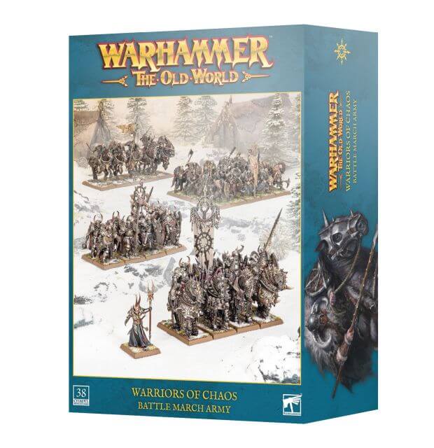 Warhammer: The Old World Warriors of Chaos Battle March Army box set, showing the teal packaging with illustrated miniature figures and the Warhammer logo.