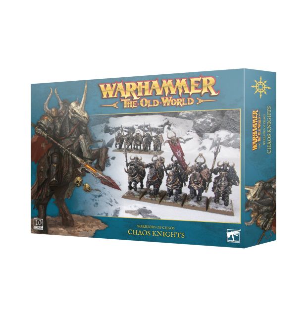 Boxed set of Warhammer The Old World Chaos Knights miniatures, featuring 10 mounted knights with options for different configurations such as champions, standard bearers, and musicians. The set is displayed with a sample miniature painted in the forefront.