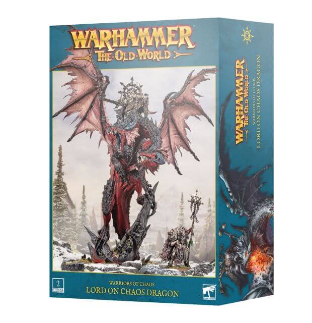Warhammer The Old World Lord on Chaos Dragon box set, featuring a detailed fantasy illustration of a dragon-like warrior on the front and teal packaging with gold logo text.
