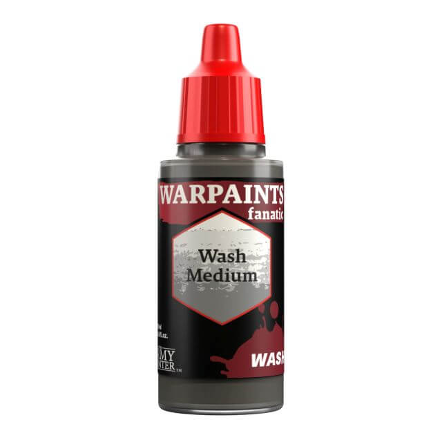 A bottle of Warpaints Fanatic Wash paint medium with a red cap, labeled as 'Wash Medium'.