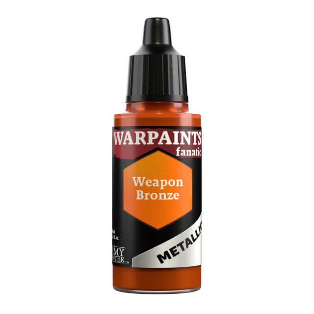 A bottle of Warpaints Fanatic Metallic Miniatures paint in the color Weapon Bronze.