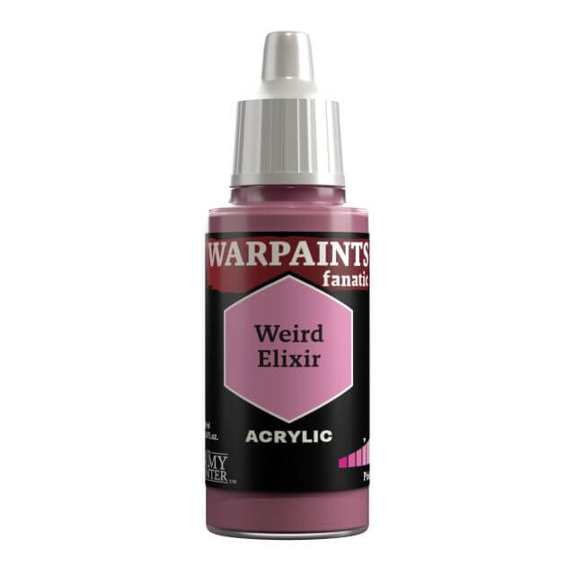A bottle of Warpaints Fanatic Weird Elixir acrylic paint in a purplish pink color.