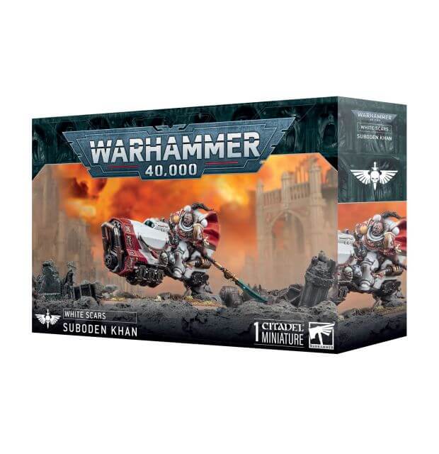 Warhammer 40k box featuring a Space Marine in white armor riding a hover bike.