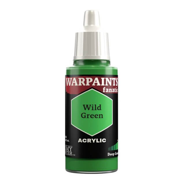 A bottle of Warpaints Fanatic Wild Green acrylic paint.