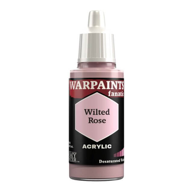 A bottle of Warpaints Fanatic acrylic paint in the shade Wilted Rose, which is a pale purplish red color.