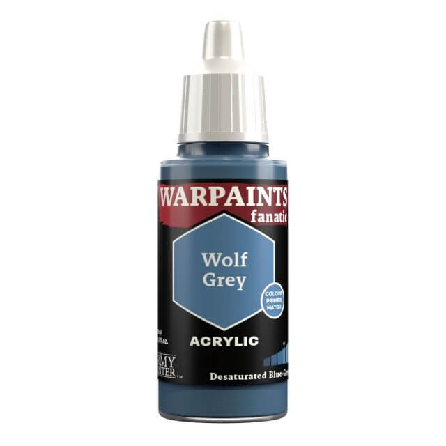 A bottle of Warpaints Fanatic Wolf Grey acrylic paint.