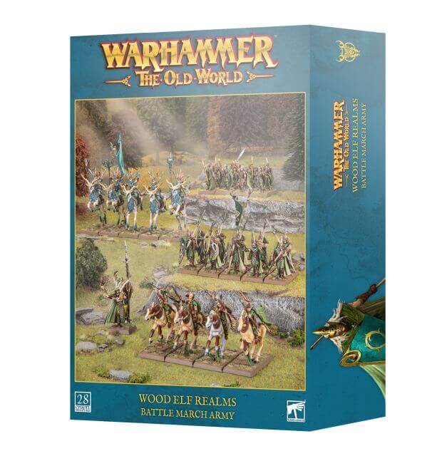 Warhammer: The Old World Wood Elf Realms Battle March Army box set, featuring a teal-blue packaging design with fantasy unit artwork and the Warhammer logo.
