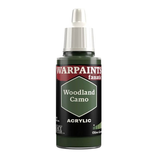 A bottle of Warpaints Fanatic Woodland Camo acrylic paint.