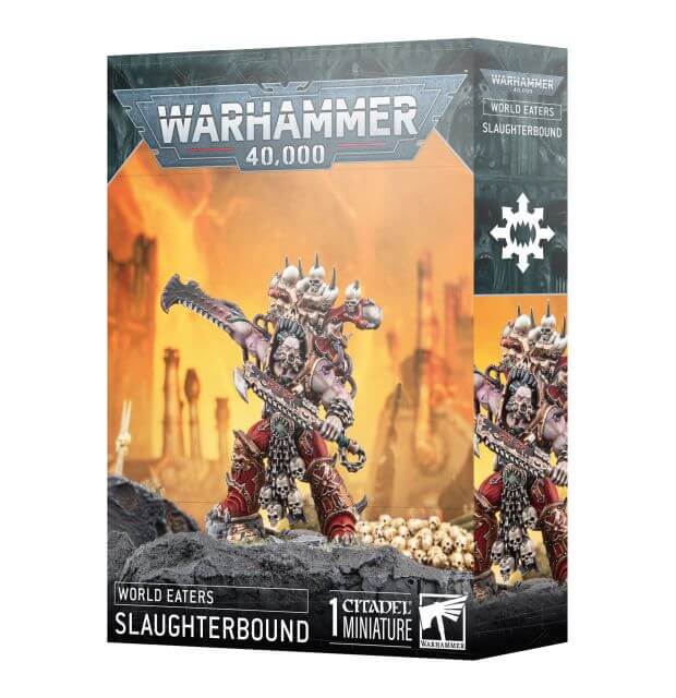 Warhammer 40,000 game box with miniature figures on a desert landscape background