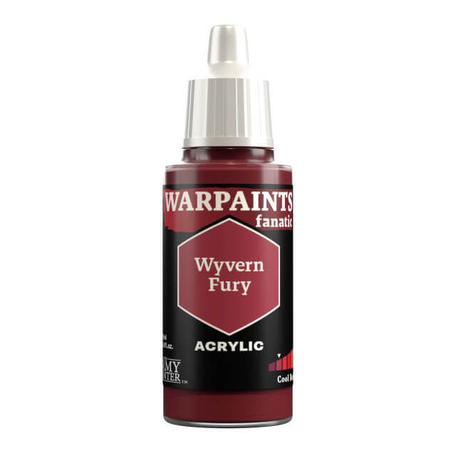 A bottle of Warpaints Fanatic: Wyvern Fury acrylic paint in a deep purplish red shade.