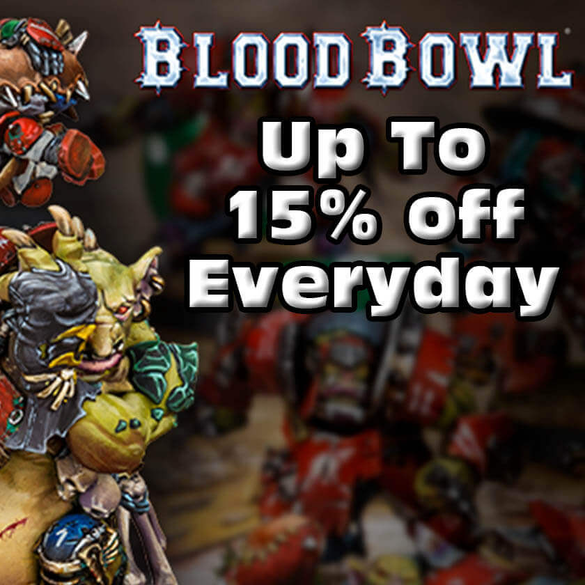 Clickable image showing the 15% discount offered on Blood Bowl products.