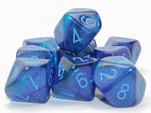 A close up of the Gemini Blue-Blue with blue 10 d10 dice set on a white background.