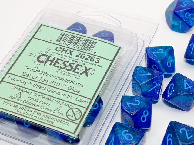 A close up of the Gemini Blue-Blue with blue 10 d10 dice set on a white background.