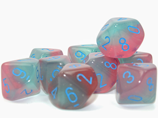 A close up of the Gemini Gel Green-Pink with blue 10 d10 set.