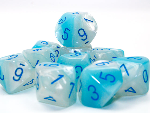 Close up of the Gemini Pearl Turquoise-White with blue 10 d10 dice set on a white background. 