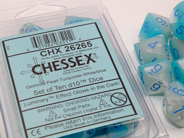 Close up of the Gemini Pearl Turquoise-White with blue 10 d10 dice set on a white background. 