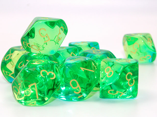 A close up of the Gemini Translucent Green-Teal with yellow 10 d10 set on a white background.