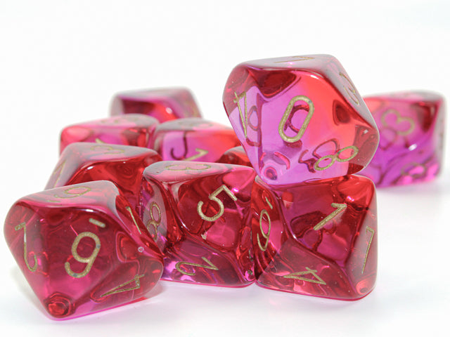 A close up of the Chessex Gemini Translucent Red-Violet/ Gold 10 d10 set on a white background.
