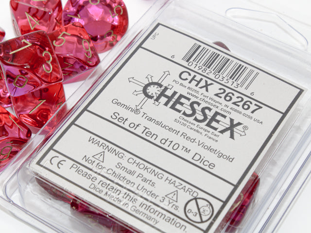A close up of the Chessex Gemini Translucent Red-Violet/ Gold 10 d10 set in and out of the packaging