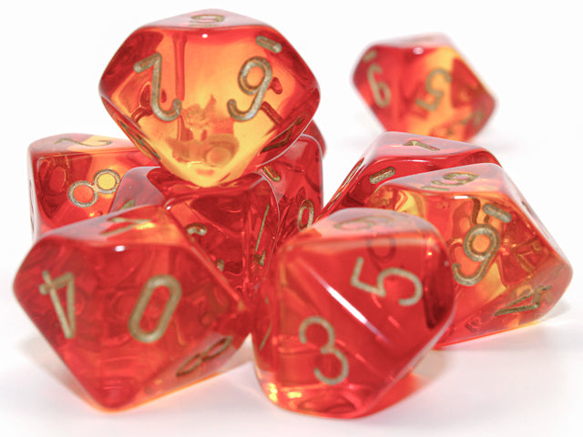 A collection of translucent red-yellow dice with gold numbers, showing a semi-opaque quality with the numbers clearly visible.