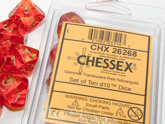 Gemini Translucent Red / Orange 10d10 set, showing packaging as well as the dice. 