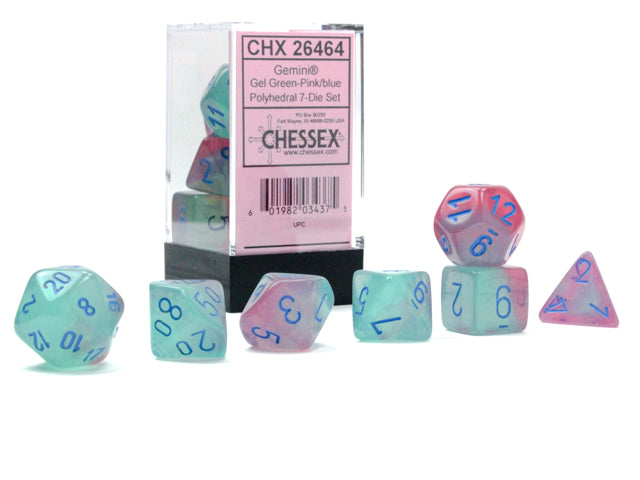 A close up of the Gemini Gel Green-Pink with blue polyhedral set on both in and out of the packaging.