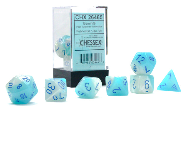 Close up of the Gemini Pearl Turquoise-White with blue polyhedral dice set on a white background. 