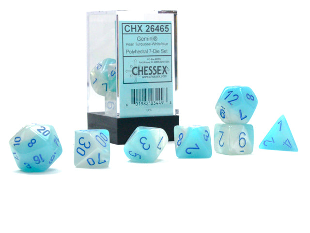 Gemini Pearl Turquoise-White with Blue Luminary Polyhedral Set