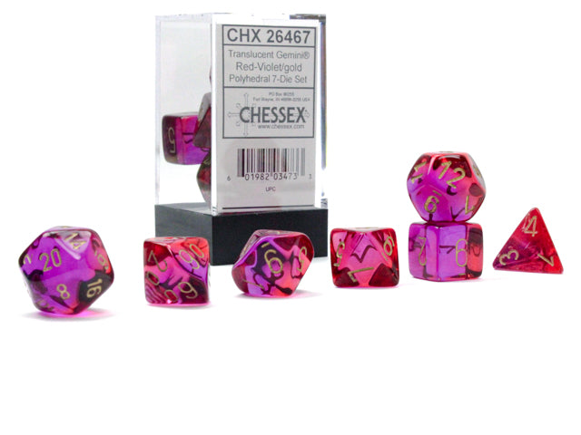 A set of Chessex Gemini translucent red-violet with gold polyhedral dice setdisplayed both in and out of packaging.