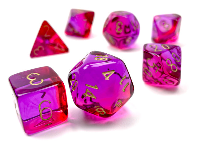 A set of Chessex Gemini translucent red-violet with gold dice displayed on a white background