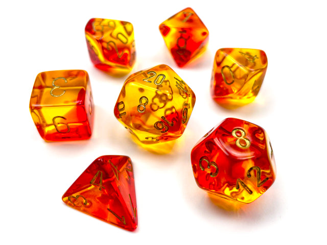 Gemini Translucent Red / Orange polyhedral set, showing off the variety in mix of colors. 